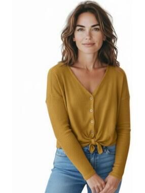 Liberty Love Mustard Yellow Button-Up Ribbed Knit Top with Tie Front Size XL